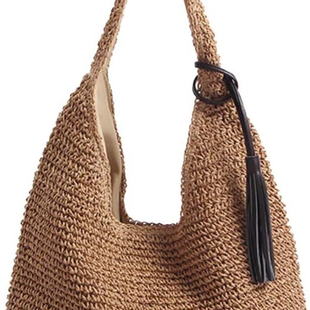 Hand-woven Soft Large Straw Shoulder Bag with Black Tassels Boho Straw Handle To